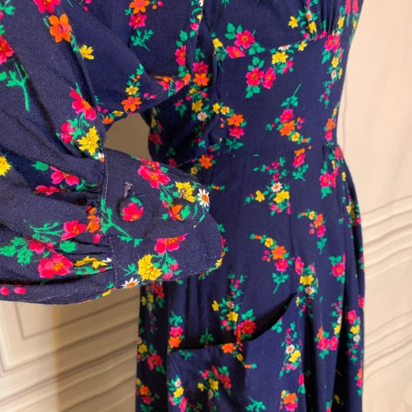 BLUE, VINTAGE DRESS w/ pink+orange floral. SMALL. - Picture 2 of 7